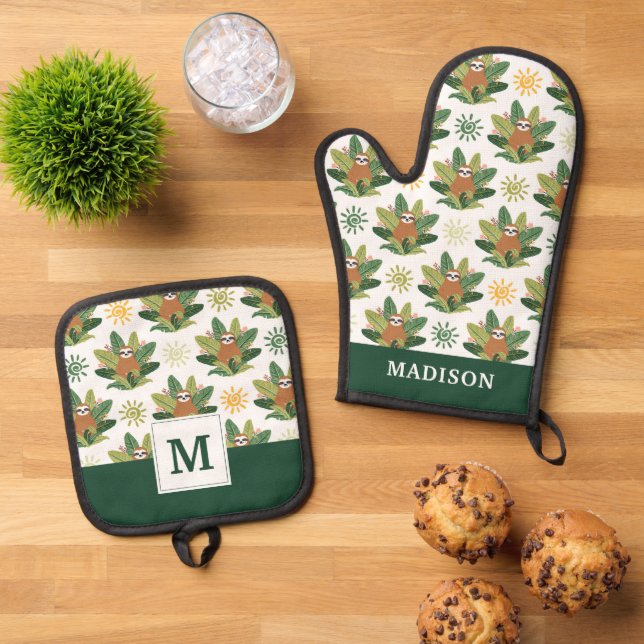 Tropical Sloth Pattern Oven Mitt & Pot Holder Set (Top Down)