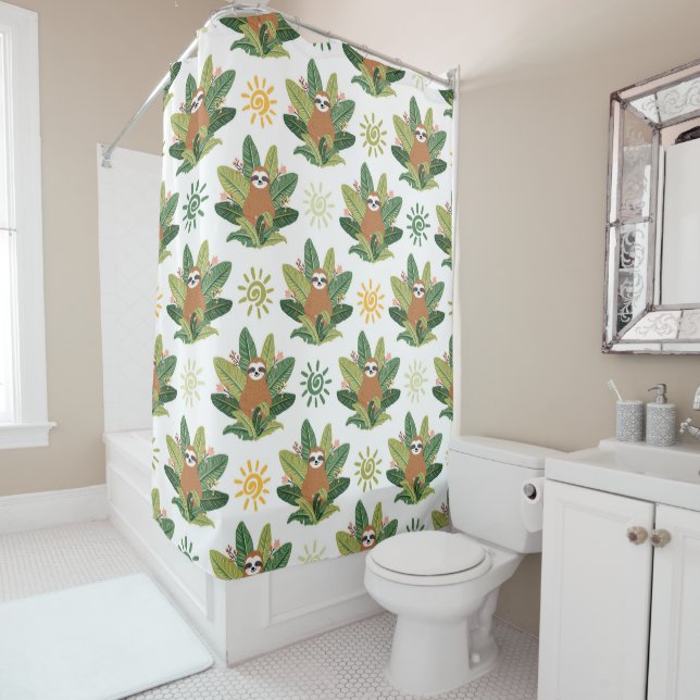 Tropical Sloth Pattern Shower Curtain (In Situ)