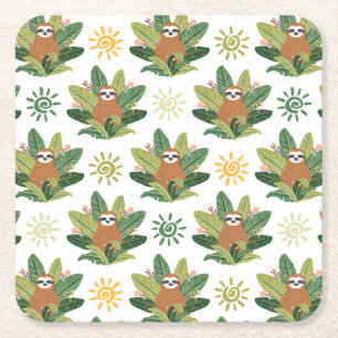 Tropical Sloth Pattern Square Paper Coaster