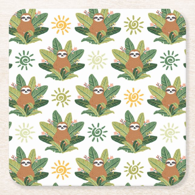Tropical Sloth Pattern Square Paper Coaster (Front)