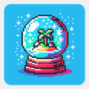 Tropical Snow Globe Unique Pixel Art Beach Winter Square Sticker