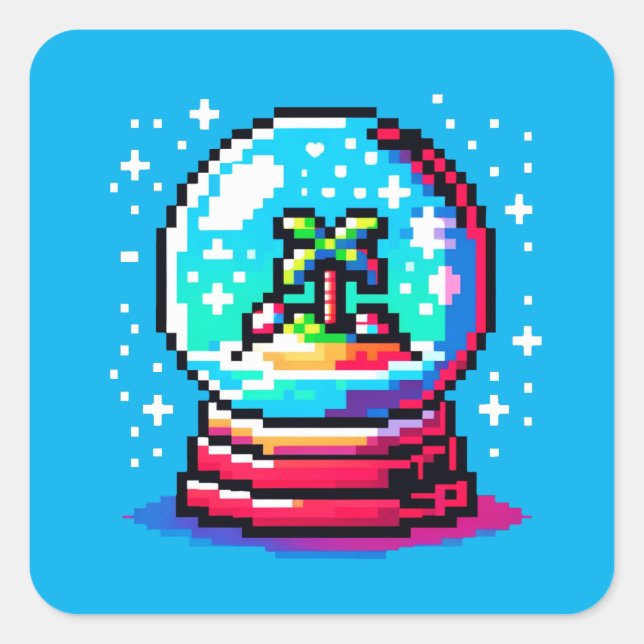 Tropical Snow Globe Unique Pixel Art Beach Winter Square Sticker (Front)