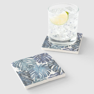 Tropical Soft Blue White Beachy Leaves Stone Coaster