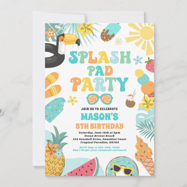  Tropical Splash Pad Summer Birthday Party Invitation (Front)