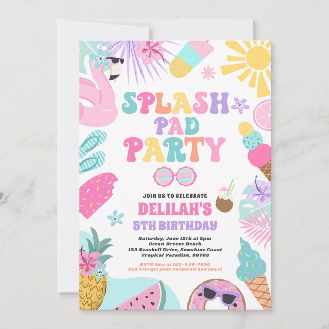  Tropical Splash Pad Summer Birthday Party Invitation (Front)