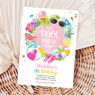 Tropical Splish Splash Pool Party Bash Birthday Invitation