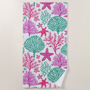 Tropical starfish and coral pattern beach towel