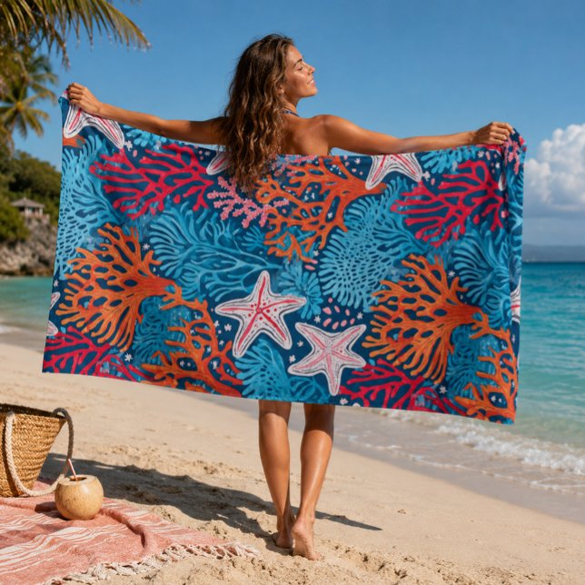 Tropical starfish and coral pattern beach towel (Creator Uploaded)