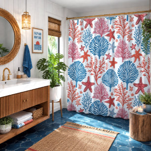 Tropical starfish and coral pattern shower curtain