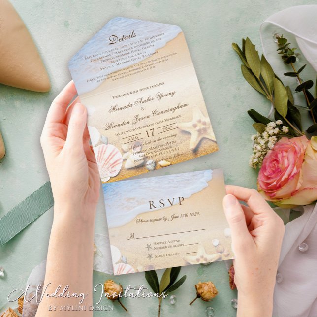 Tropical Starfish and Shells Summer Beach Wedding All In One Invitation (Creator Uploaded)