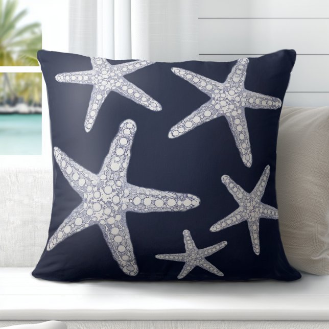 Tropical Starfish Navy Blue White Throw Pillow (Discover Gorgeous Coastal Throw Pillows by Totally Coast.)