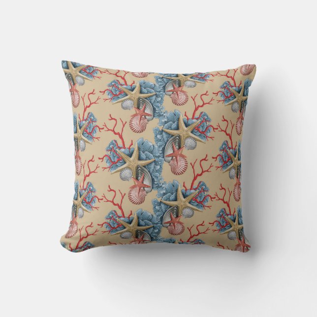 Tropical Starfish Shells Coral Blue Tan Copper Cushion (Front)