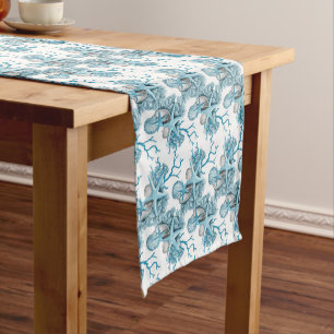 Tropical Starfish Shells Coral Blue White Silver Short Table Runner