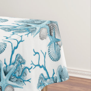 Tropical Starfish Shells Coral Blue White Silver Tablecloth