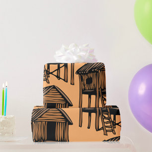 Tropical Stilt House Traditional Thatched Hut Wrapping Paper