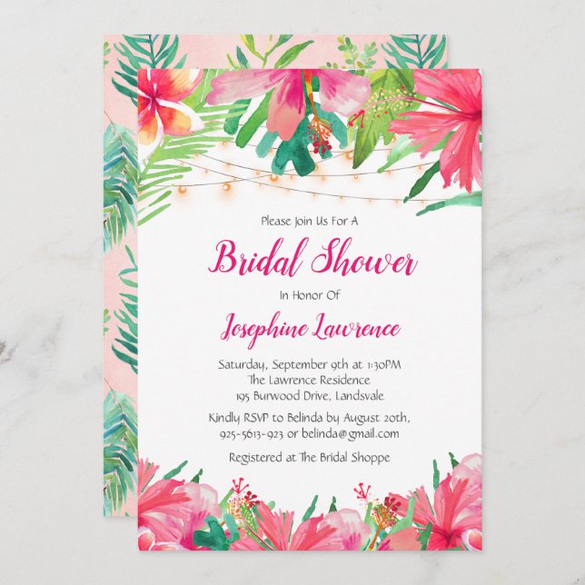 Tropical String Lights Floral Bridal Shower Invitation (Front/Back)