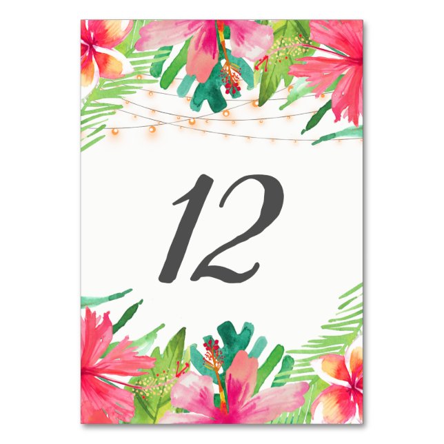 Tropical String Lights Floral Table Number Cards (Front)