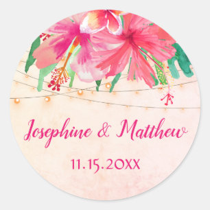 Tropical String Lights Floral Watercolor Wedding Classic Round Sticker