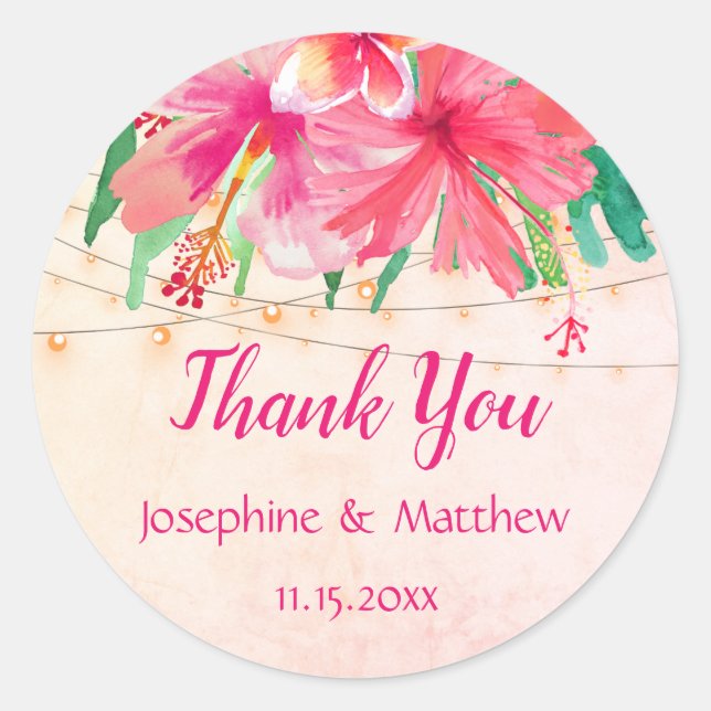 Tropical String Lights Floral Wedding Thank You Classic Round Sticker (Front)