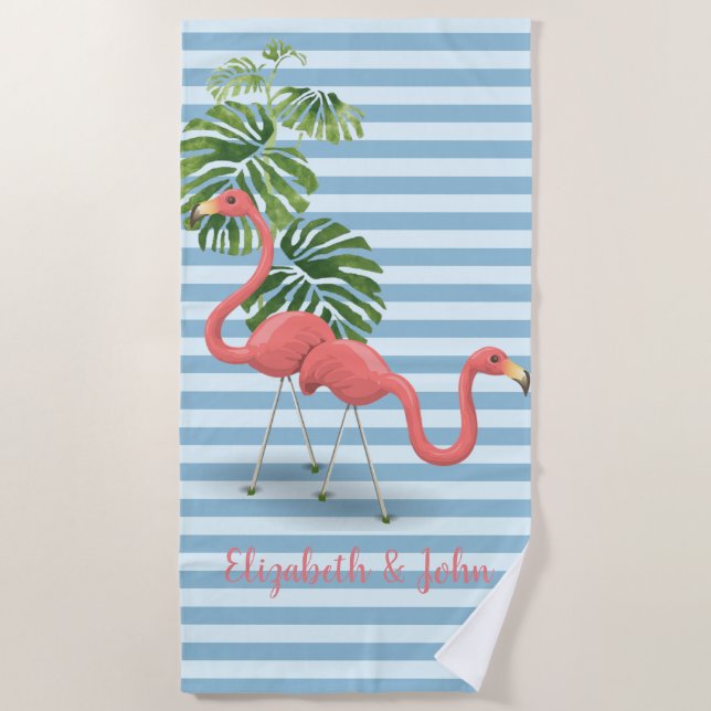 Tropical ,Striped ,Flamingos-Personalised Beach Towel (Front)