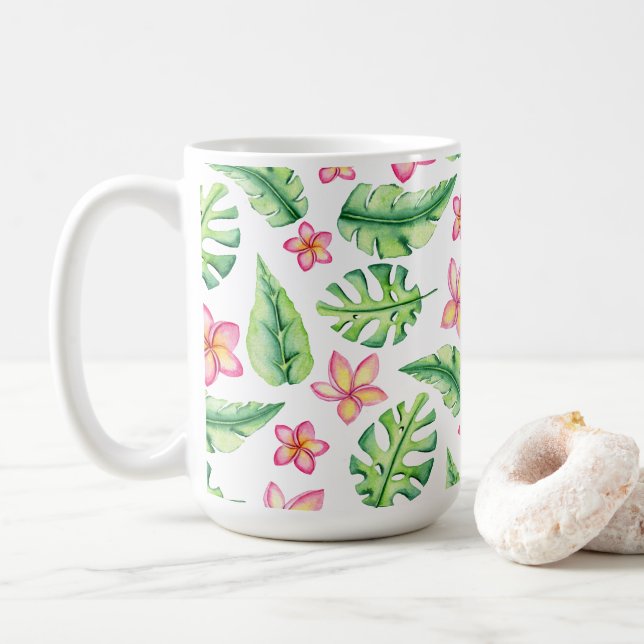 Tropical Style Flowers And Leaves Coffee Mug (With Donut)