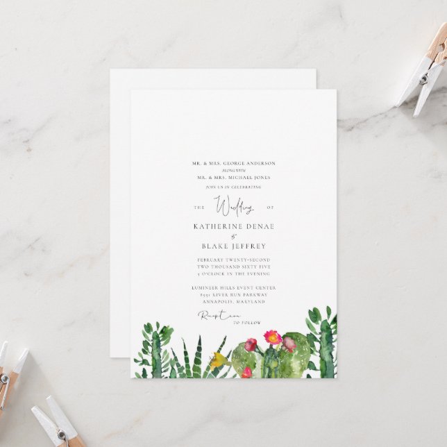 Tropical Succulent Cactus Wedding Invitation (Front/Back In Situ)