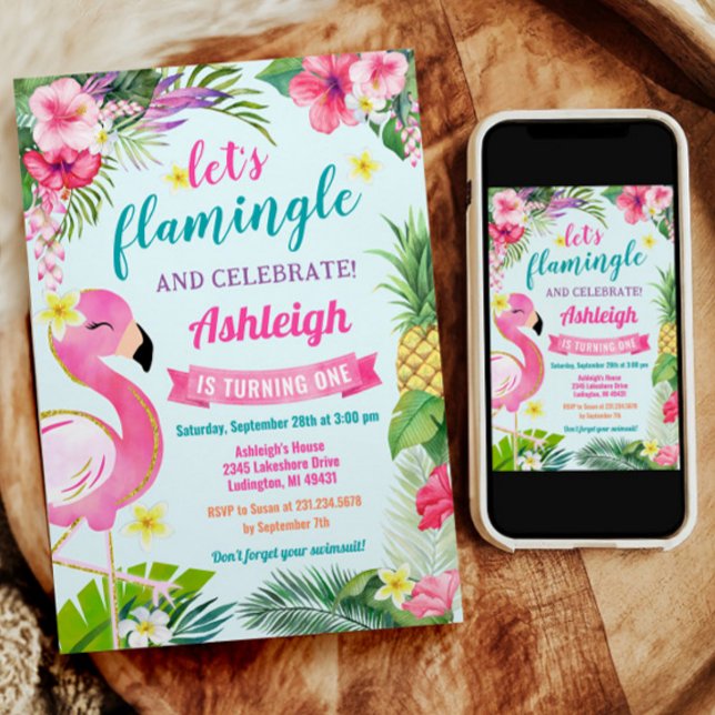 Tropical Summer 1st Birthday Invitation (Tropical Flamingo 1st Birthday Invitation.)