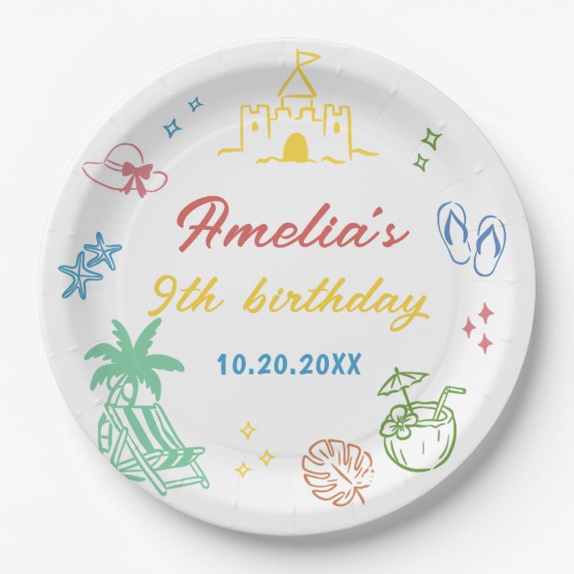 Tropical Summer Beach Birthday Party  Paper Plate (Front)