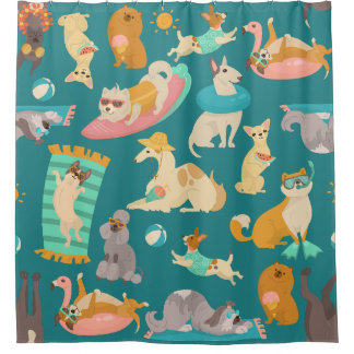 tropical summer beach dogs party cute shower curtain
