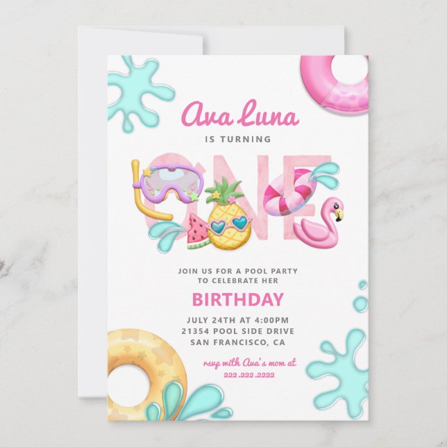 Tropical Summer Beach Girl 1st Birthday Photo Invitation (Front)