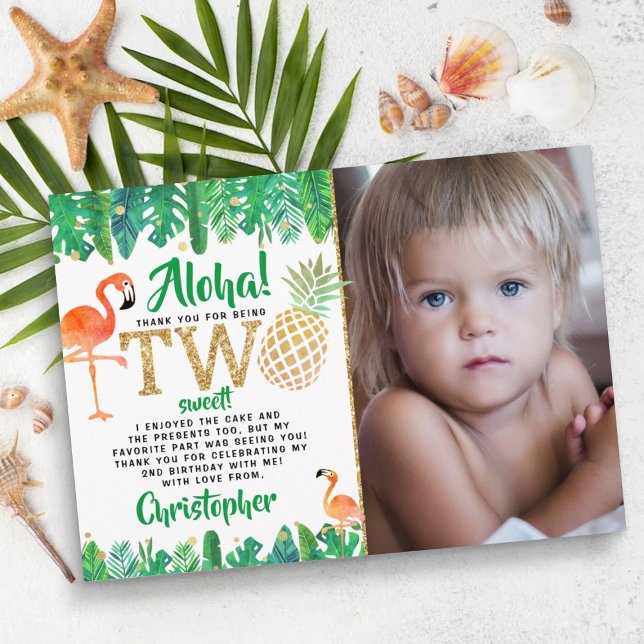 Tropical Summer Beach Luau Boys Photo 2nd Birthday Thank You Card (Creator Uploaded)