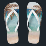 tropical summer beach scene palm trees flip flops<br><div class="desc">A tropical summer beach scene design featuring palm trees, sand, sea and blue sky make these flip flops perfect for your summer holidays/trips this year. Or just wear them at home :) This design is also featured in my wedding collection so they would make perfect bridal shower accessories for your...</div>