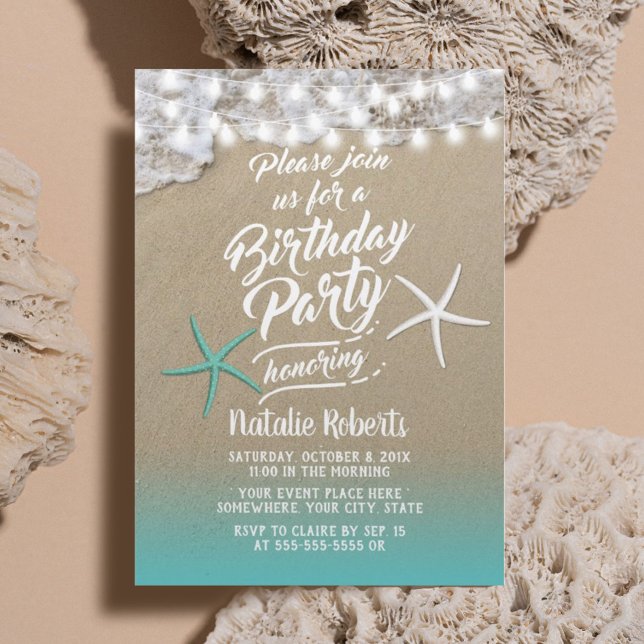 Tropical Summer Beach Starfish Birthday Party Invitation (Creator Uploaded)