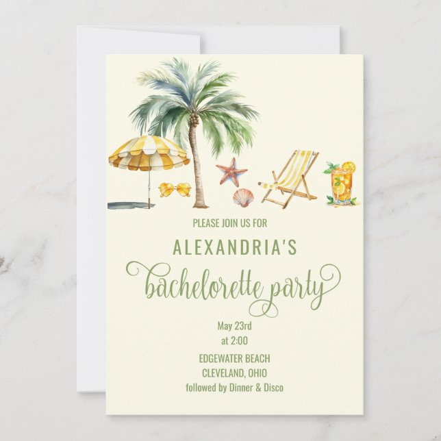 Tropical Summer Beach Theme Bachelorette Party Invitation (Front)
