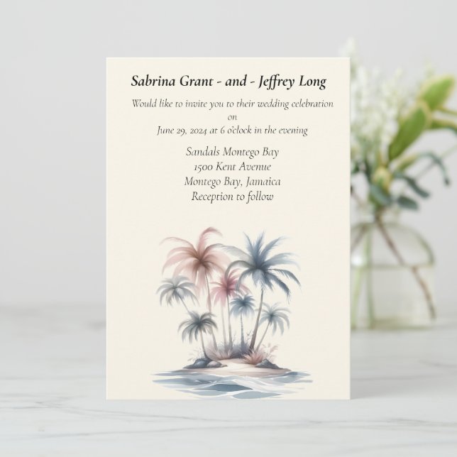 Tropical Summer Beach Watercolor Palm Tree Wedding Invitation (Standing Front)