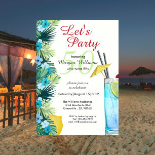 Tropical Summer Blue Cocktail 50th Birthday Party Invitation