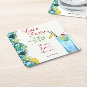 Tropical Summer Blue Cocktail 50th Birthday Party  Square Paper Coaster
