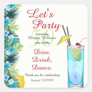 Tropical Summer Blue Cocktail 50th Birthday Party Square Sticker