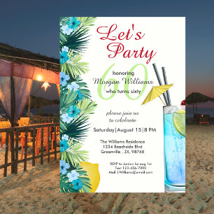 Tropical Summer Blue Cocktail 60th Birthday Party Invitation
