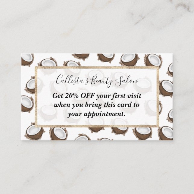 Tropical Summer Brown White Coconut Fruit Pattern Discount Card (Front)