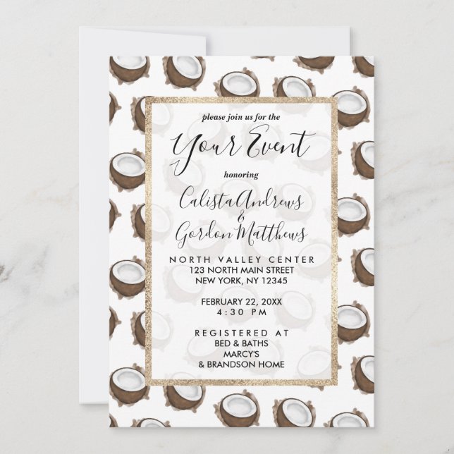 Tropical Summer Brown White Coconut Fruit Pattern Invitation (Front)