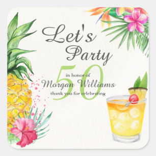 Tropical Summer Cocktail 50th Birthday Party Square Sticker