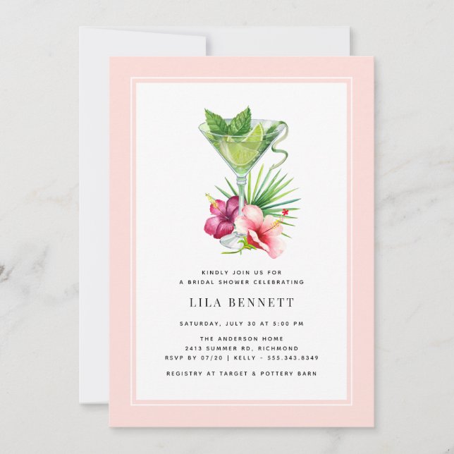 Tropical Summer Cocktail | Cute Pink Bridal Shower Invitation (Front)