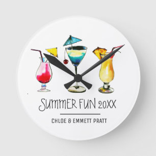 Tropical Summer Cocktail Drink Retro Home Bar Round Clock