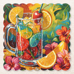 Tropical Summer Cocktail Impasto Oil Painting Paper Coaster