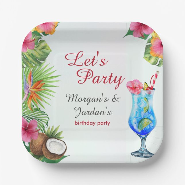 Tropical Summer Couples Friend Joint Birthday Paper Plate (Front)