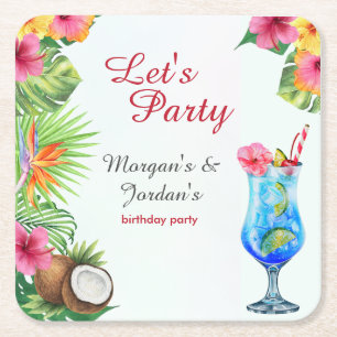 Tropical Summer Couples Friend Joint Birthday Square Paper Coaster