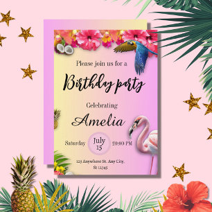 Tropical summer floral and pink flamingo birthday invitation