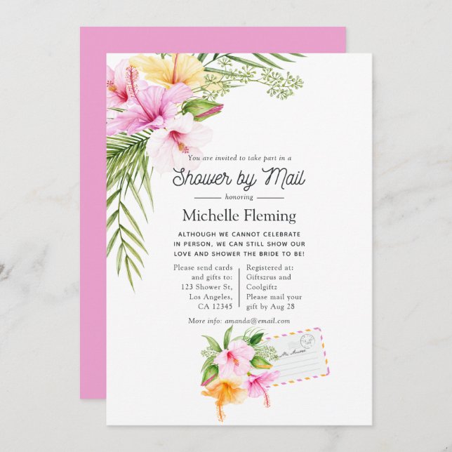 Tropical Summer Floral Bridal Shower by Mail Invitation (Front/Back)