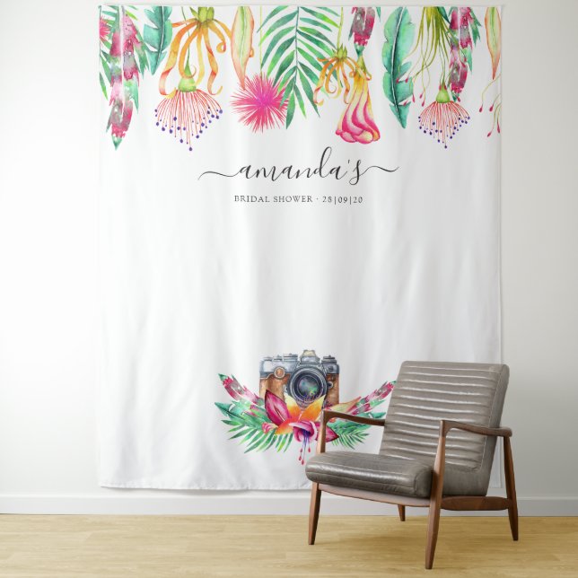 Tropical Summer Floral Bridal Shower Photo Booth Tapestry (In Situ)